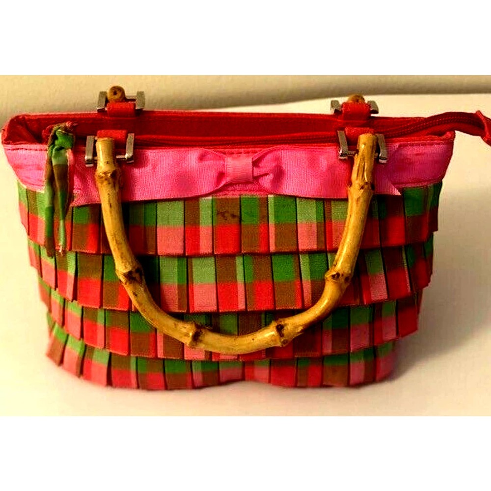 Braciano Pink & Black Ruffle Bow Purse Polka Dot Interior Bamboo Style Handles